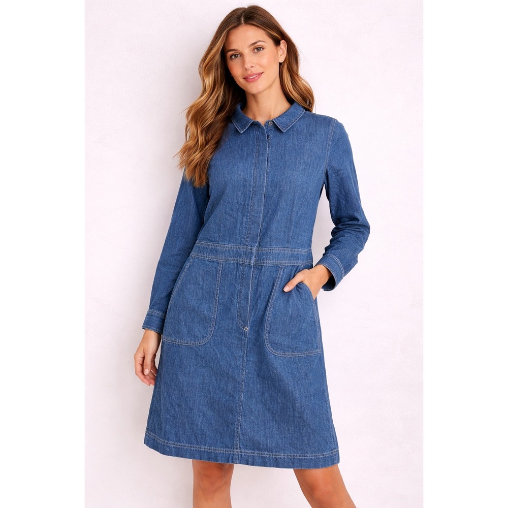 Boden Denim Shirt Dress Blue Cotton Long Sleeve Minimalist Preppy Size 8R Casual